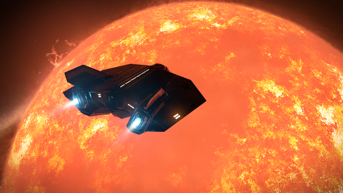 Spaceship near a large star in Elite Dangerous