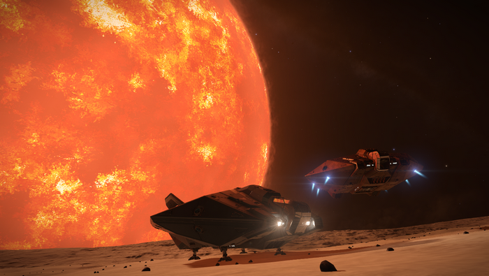Elite Dangerous screenshot of spaceships near a star
