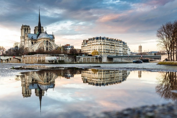 Notre Dame Cathedral reflected in water in Paris