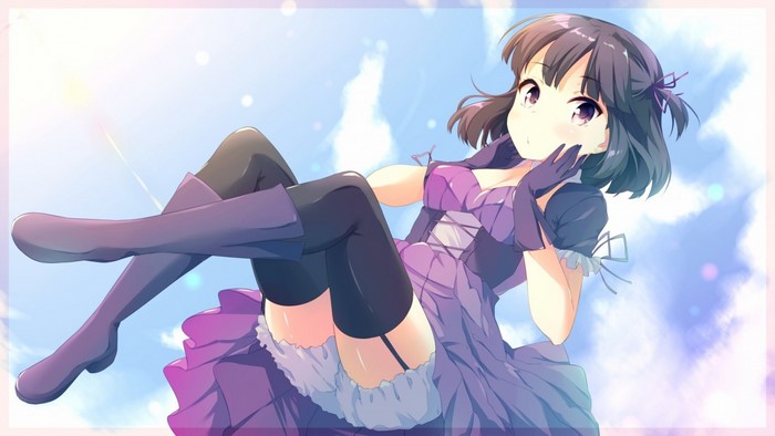 Anime girl with short black hair in purple dress