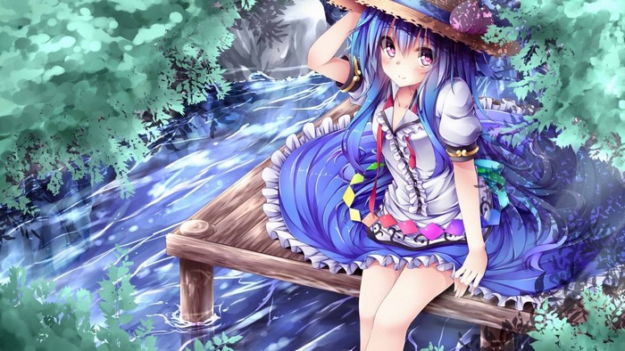 Hinanawi Tenshi from Touhou sitting on a dock