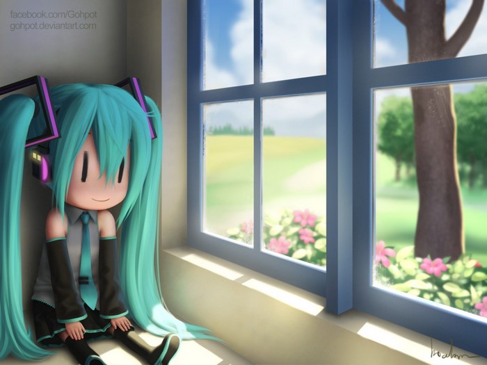 Hatsune Miku sitting by a window overlooking a garden