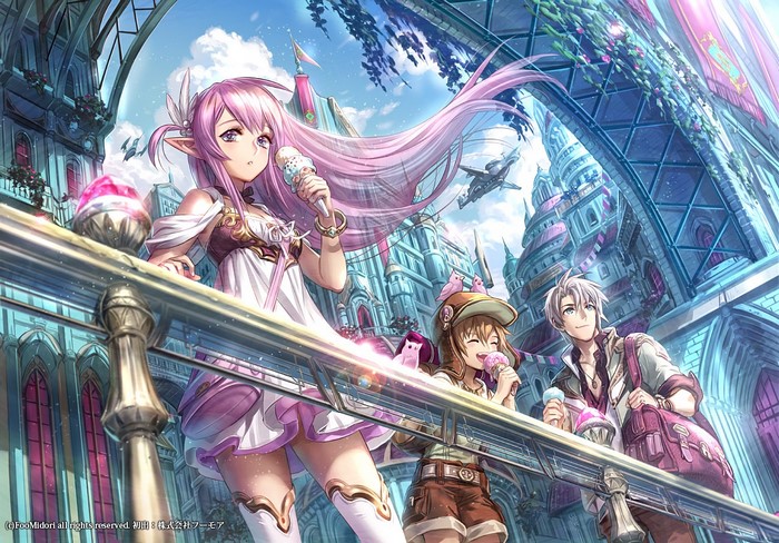 Anime characters eating ice cream in a fantasy city