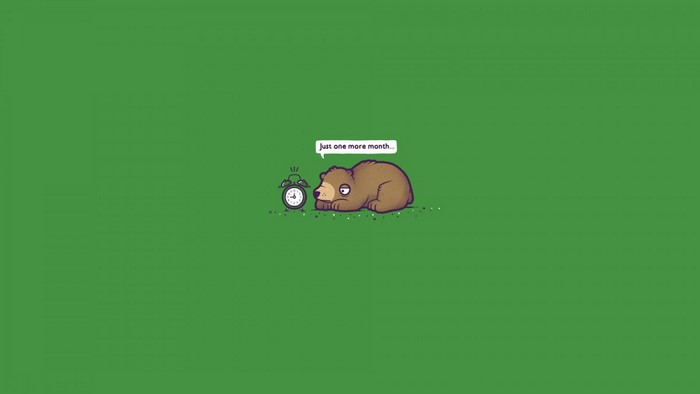Bear sleeping next to alarm clock with text bubble