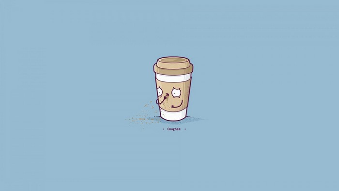 Cartoon coffee cup with face and coffee splatters