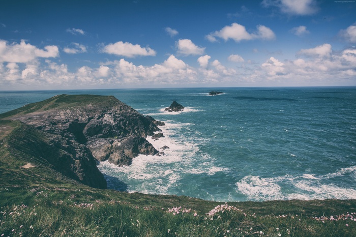 Cornwall Coastline with Rocks and Clouds 4K