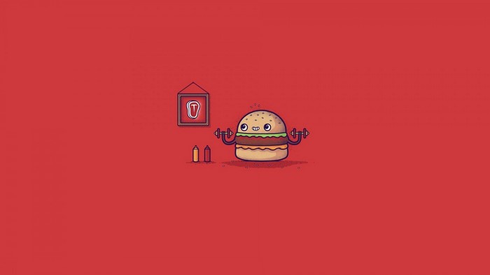 Cartoon hamburger lifting weights