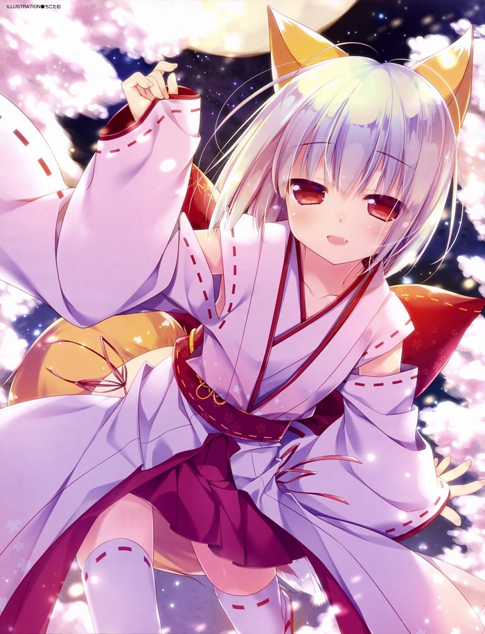 Anime girl with fox ears and tail in kimono