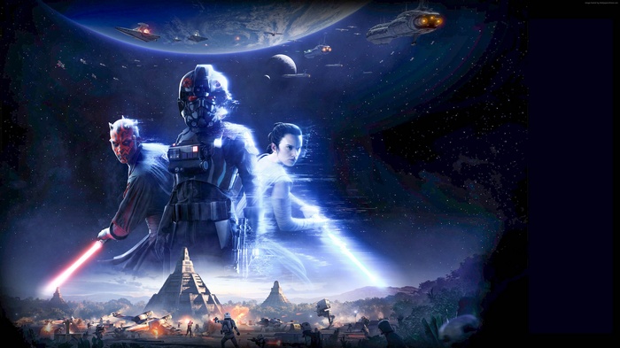 Darth Maul, Rey, and a Stormtrooper from Star Wars: Battlefront II