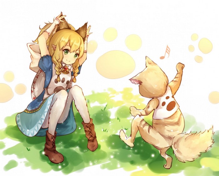 Anime girl with cat-like ears and a dancing cat