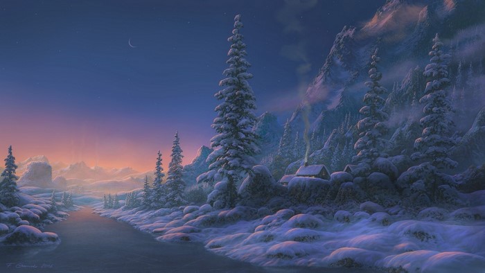 Snowy mountain landscape with a frozen river at dawn