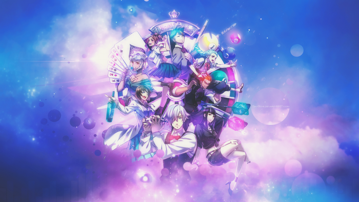 Death Parade characters in a gambling-themed illustration