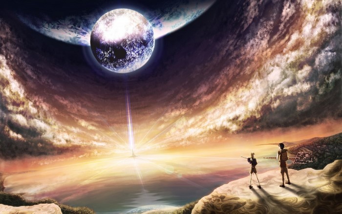 Anime scene with two figures on a cliff overlooking a planet and moon