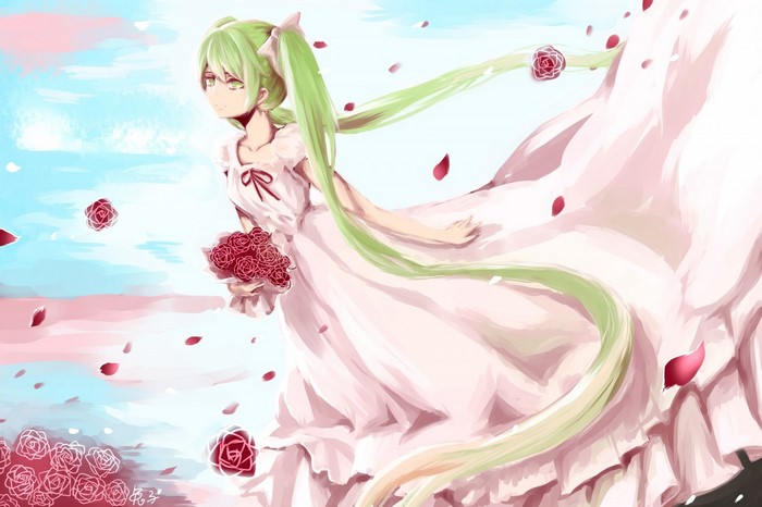 Anime girl with green hair and pink dress holding roses