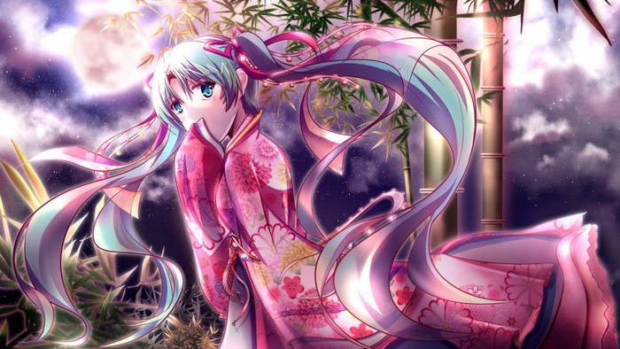 Hatsune Miku in a Kimono under the Moon