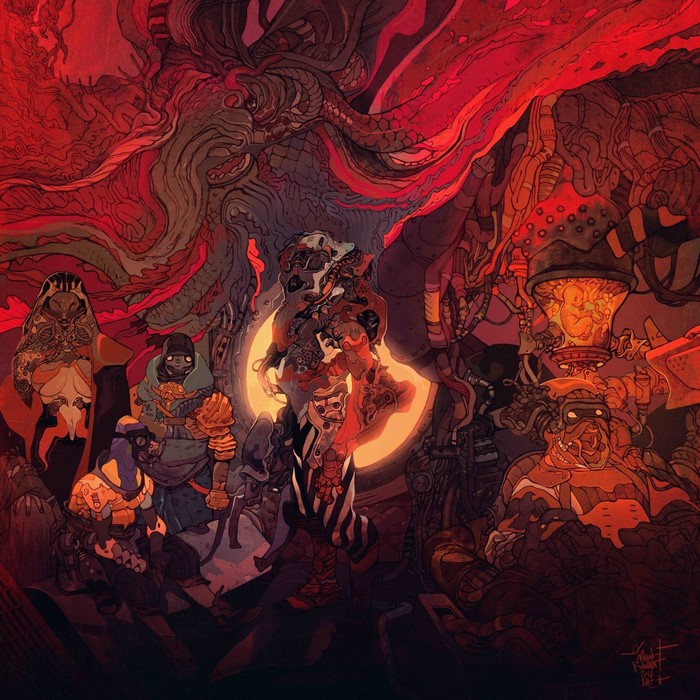 Artwork of figures in a dark, red, science fiction setting