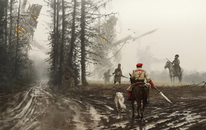 Artwork of giant robots and soldiers in a foggy forest