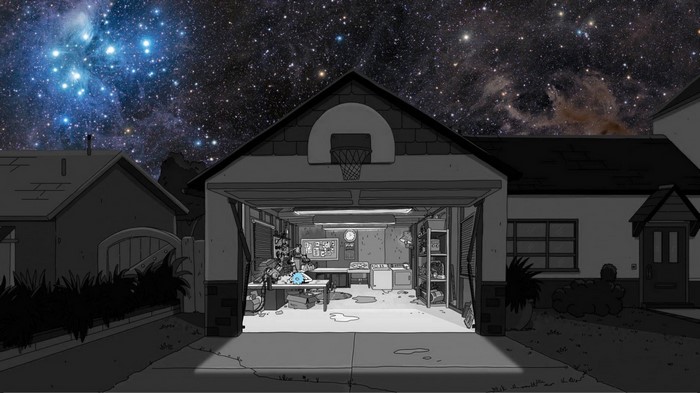 Rick and Morty garage with starry night sky