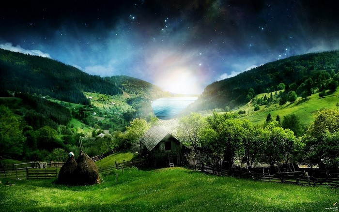 Fantasy landscape with lake and mountains at night