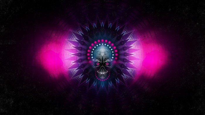 Digital art of a skull with fractal patterns and pink lights