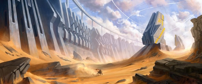 Fantasy art of a desert landscape with alien structures