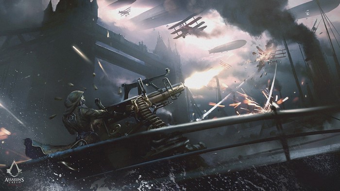 Assassin's Creed artwork of a WWI-style aerial battle