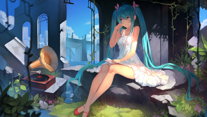 Hatsune Miku sitting in ruins with a book and gramophone