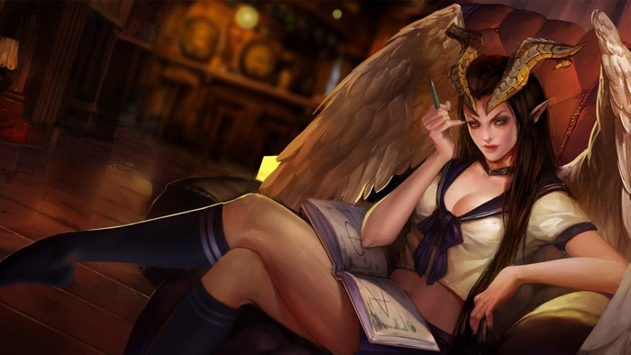 Succubus with wings and horns reading a book