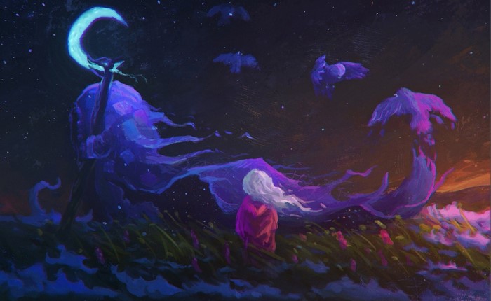 Fantasy art of a girl and a moon spirit