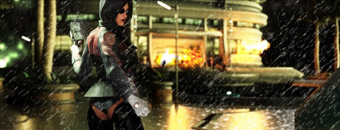 Adam Jensen from Deus Ex: Human Revolution in the rain
