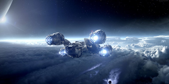 Starship flying over clouds near a planet