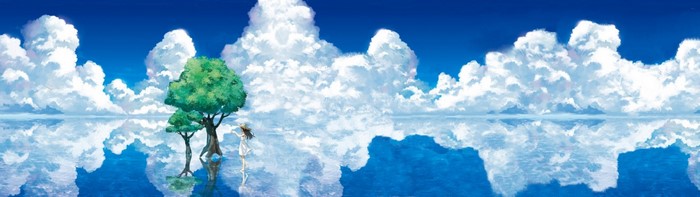 A girl and trees reflected in water under clouds