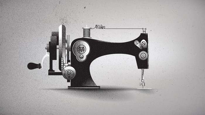 Monochrome illustration of a vintage sewing machine with dollar sign