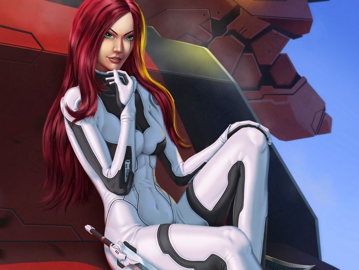 Woman in futuristic suit sitting on a mech