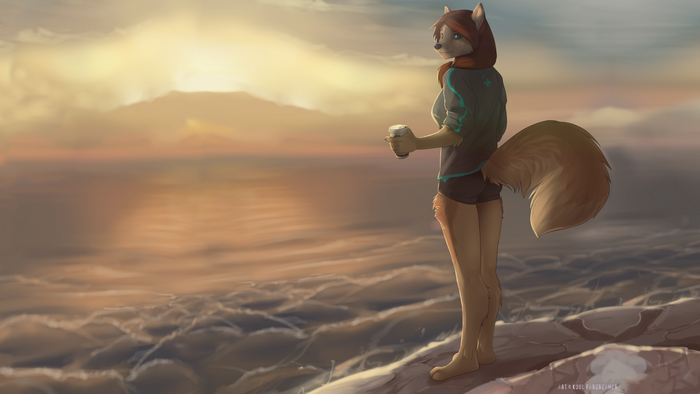 Furry fox with coffee by the sea at sunset