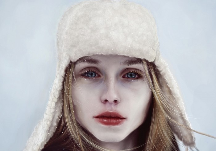 Artwork of a woman wearing a white fur hat in the snow