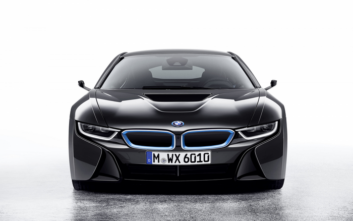 Black BMW i8 sports car with license plate M WX 6010