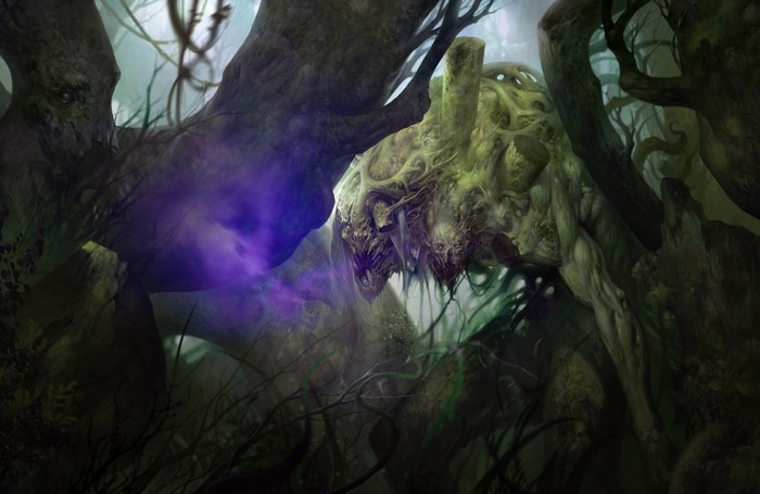 Monstrous creature in a dark, overgrown forest