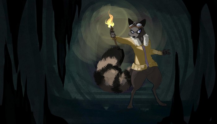 Furry raccoon character holding a torch in a cave