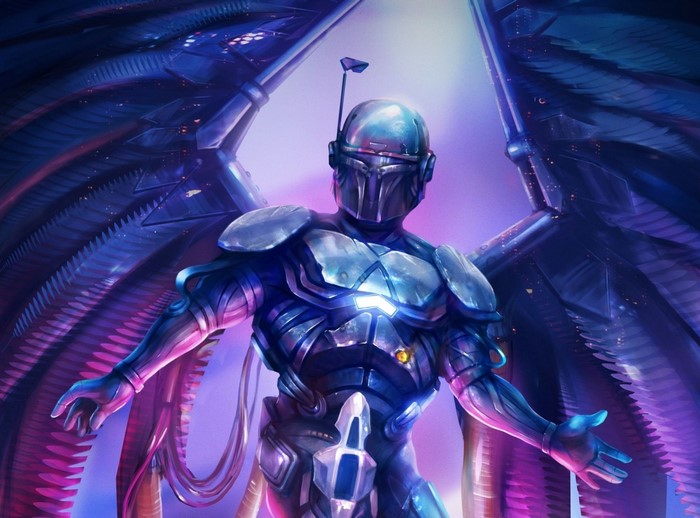 Boba Fett from Star Wars artwork with mechanical wings