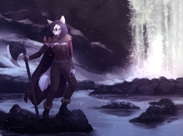 Furry wolf warrior with axe in snowy landscape