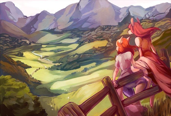 Anime illustration of two anthropomorphic characters overlooking a valley