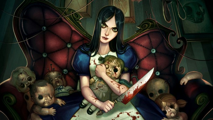 Alice from Alice in Wonderland with bloody knife and dolls