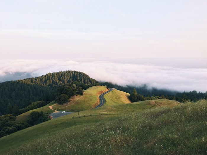 Winding road through grassy hills above clouds