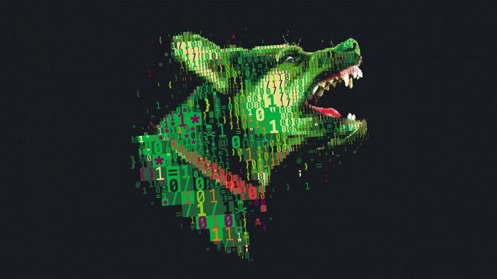 Digital dog made of code and symbols