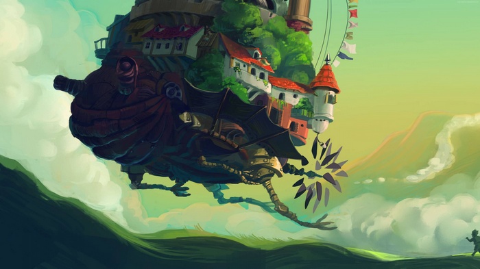 Howl's Moving Castle flying over a meadow