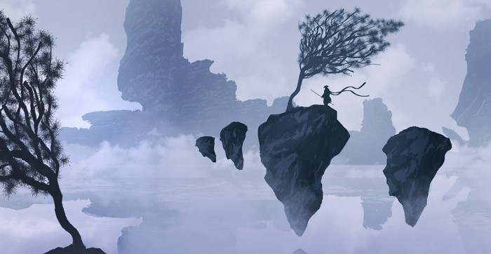Samurai on floating islands in misty mountains