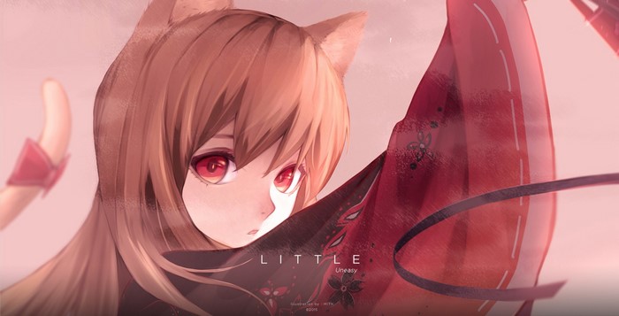 Anime girl with fox ears and red eyes, wearing a red costume
