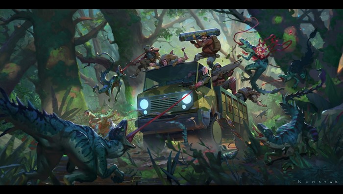 Hunters in a truck fighting dinosaurs in a jungle