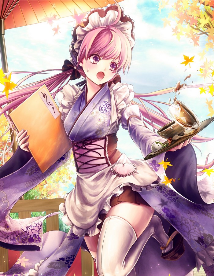 Anime waitress in kimono with falling leaves